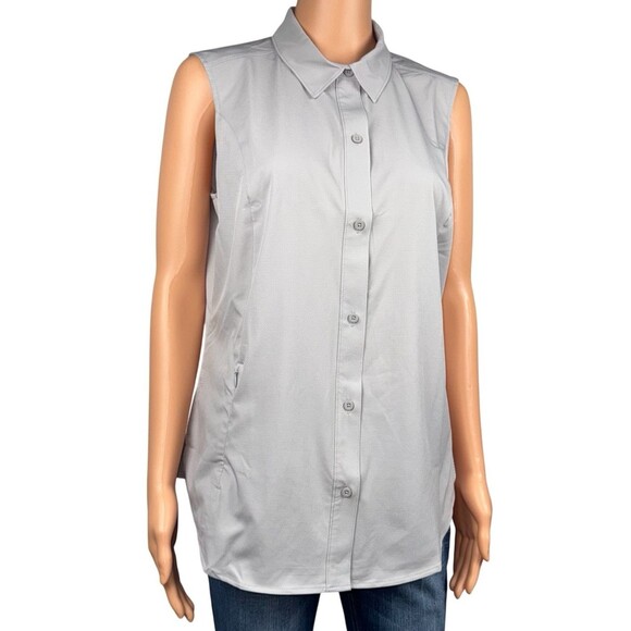 Eddie Bauer Womens X-Large Stretch Gray Button Front Sleeveless Tech Shirt New - Picture 2 of 10